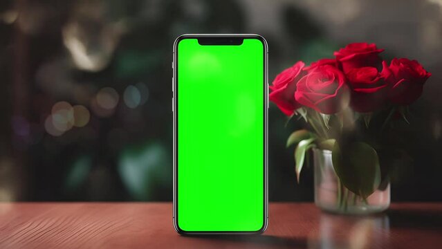 Smartphone green screen with a background of red roses and shadow rays; is perfect for background projects; 4k virtual video animation.