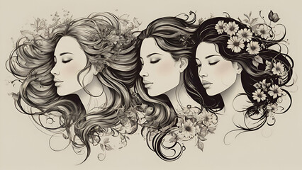 Graceful floral four girl heads faces profiles with flowing hair in the wind like four moods or seasons
.Generative ai