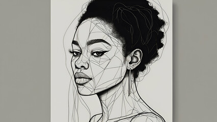 Beauty black woman with darkside by one continue drawing. Portrait minimalistic style.Nature symbol of cosmetics. Modern continuous line art. Fashion print .Generative ai