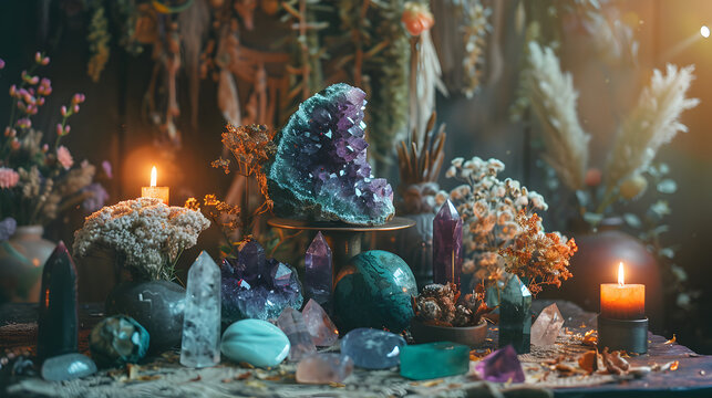 A mystical and sublime Crystal shop with precious stones, dried flowers, and candles in moody lighting. A variety of crystals are on the table including; Alexandrite, Peridot, Beryl, Moldavite.