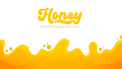 Dripping honey background. Cartoon liquid honey background. Golden yellow honey syrup with drops and splashes. Flat style Vector illustration - obrazy, fototapety, plakaty