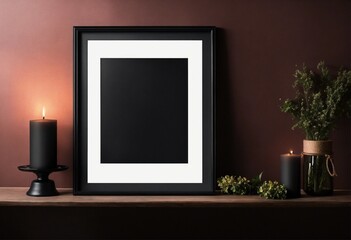 "Moody Black Frame Mockup with Candle Display"