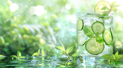 A vibrant image of a summer drink with cucumber slices, mint leaves, and bubbling water, backlit by warm sunlight