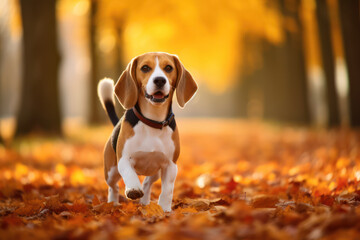 Joyful Beagle Puppy Playing in the Golden Autumn Park amidst Colorful Leaves