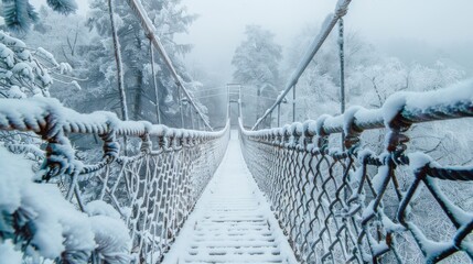 A snow-covered rope bridge in a winter landscape, symbolizing adventure and exploration in nature. - obrazy, fototapety, plakaty
