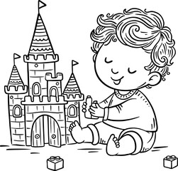 Cute cartoon little boy playing with lego. Outline vector illustration. Coloring book page for kids