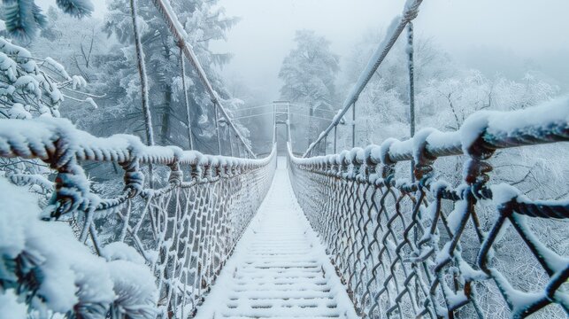 Fototapeta A snow-covered rope bridge in a winter landscape, symbolizing adventure and exploration in nature.