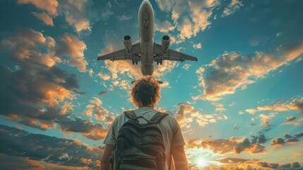 young man traveler against the sky with a landing plane. Tourism vacation air travel passengers and travel - obrazy, fototapety, plakaty
