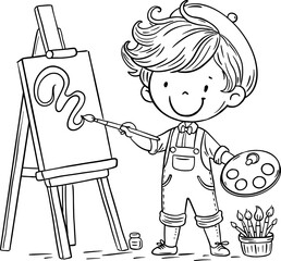 Happy cartoon little kid artist painting picture on easel. Outline vector illustration. Coloring book page for children
