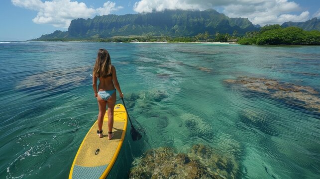 Cute woman with a surfboard enters the water