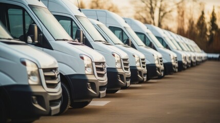 Cargo vans lined up and sold at a dealership or a delivery and service logistics company - obrazy, fototapety, plakaty