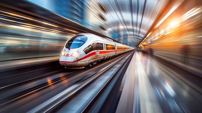 A captivating photo capturing the high speed of a modern commuter train, with motion blur adding to the dynamic effect.