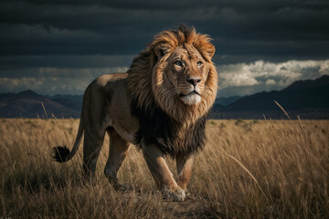 A lion strolling through a dry grass field under the sun.