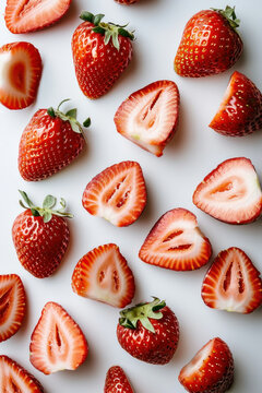 Fresh strawberries arranged in a circular pattern on white surface with one half cut in half, closeup view