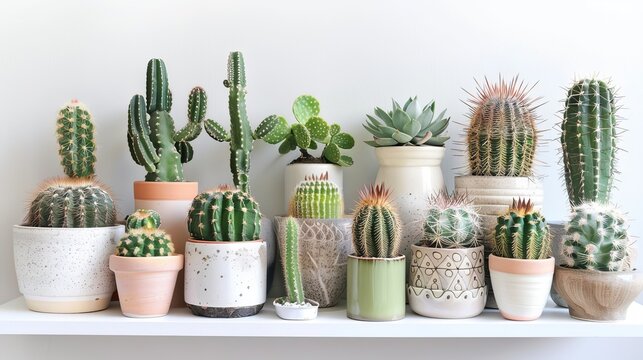 A collection of various cactus and succulent plants displayed in different pots. These potted plants are arranged on a white shelf against a white wall.