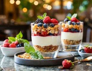 A parfait glass filled with layers of silky panna cotta, fresh berries, and crunchy granola