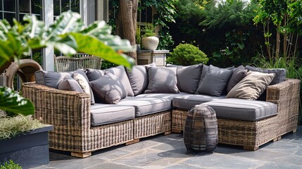 Comfortable wicker garden furniture with grey pillows set in a beautiful backyard. - obrazy, fototapety, plakaty