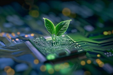Plant growing on electronic circuitry chip in light indigo and green. Energy-filled illustrations, volumetric lighting, performance-oriented design, and webcore aesthetics. Green technology concept.