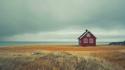 a red house in the middle of an open field by the sea, Scandinavian landscape