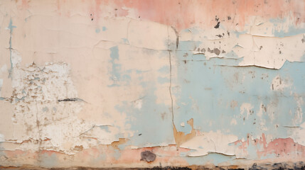 Vintage peeling paint background on old wall in pastel shades of blue and pink