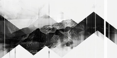A mountain range is shown in black and white with a white background