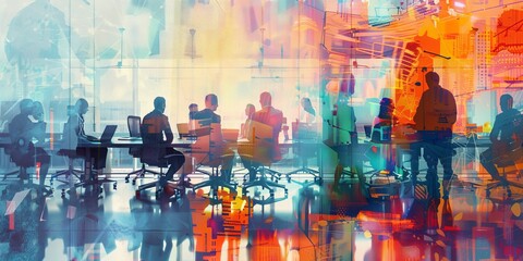 A group of people are sitting at a table in a colorful room
