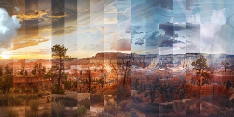 A panoramic photo of a desert landscape with a sunset in the background