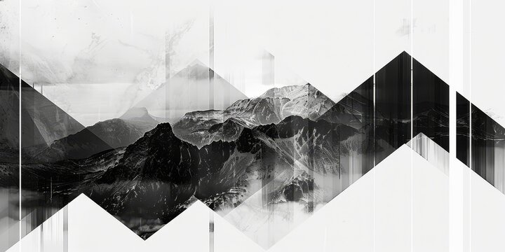 A mountain range is shown in black and white with a white background