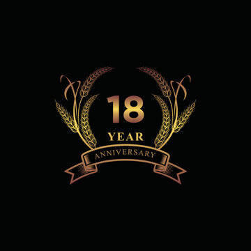 18th golden anniversary logo with ring and ribbon, laurel wreath vector