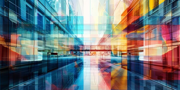 A colorful cityscape with a large glass building in the middle