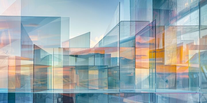 Multiple exposure of modern abstract glass architectural forms