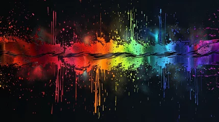 Rolgordijnen Abstract paint splatter and brush strokes on a black background with a rainbow color palette. © furyon