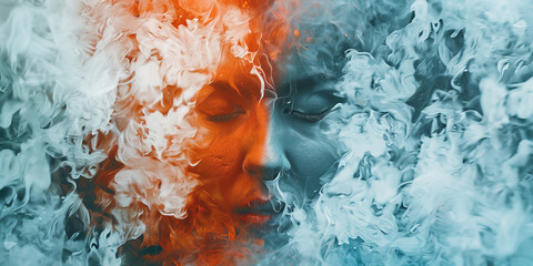 A woman's face is shown in a painting with smoke and steam surrounding her - obrazy, fototapety, plakaty
