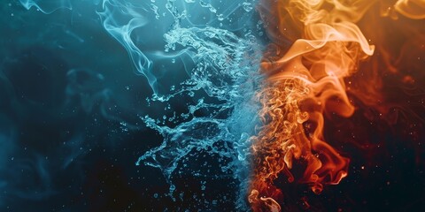 A blue and orange fire with water splashing out of it