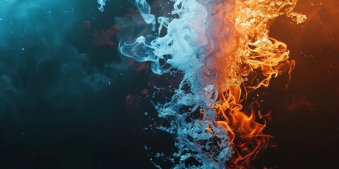 A blue and orange fire with smoke and water