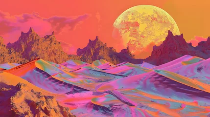 Photo sur Plexiglas Corail A surreal desert landscape with towering sand dunes and a vivid sunset painting the sky in shades of orange and pink. 