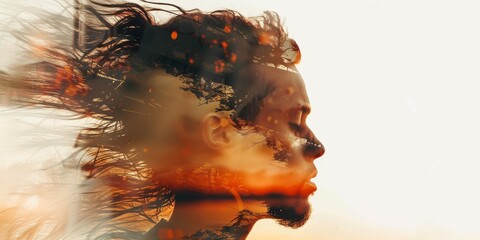 A blurry image of a man's face with a sunset in the background