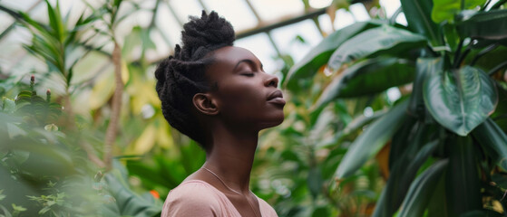 Serene young woman amidst lush greenery with eyes closed, embracing nature's tranquility.