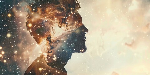 A man's face is shown in a cosmic background with stars and clouds - obrazy, fototapety, plakaty