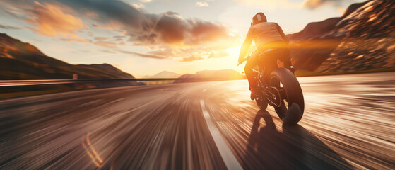 Motorcyclist on a sports bike speeds along a curvy highway at sunset, blurring motion.