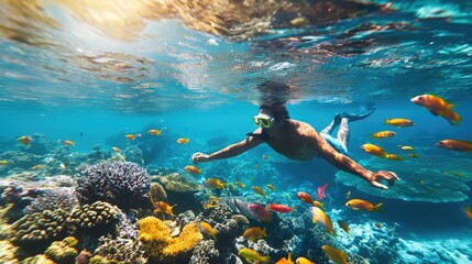 Underwater shot of a man snorkeling in coral reef. Snorkeling concept 