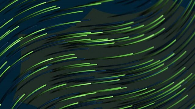 Animation of glowing green and white light trails moving on black background