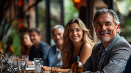 Smiling business people enjoying a networking event. Generative AI image