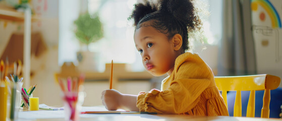 Focused young child intently drawing with colorful pencils in a sunny classroom.