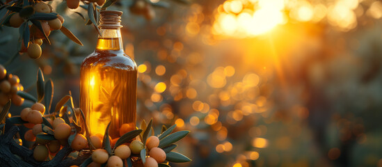 Fresh extra virgin cold pressed olive oil with green olives on background. Sun light. Healthy food ingredient. 