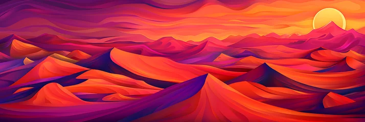 Deurstickers A surreal desert landscape with towering sand dunes and a vivid sunset painting the sky in shades of orange and pink.  © thisisforyou