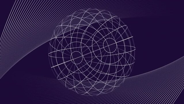 Animation of sphere rotating over networks of curved parallel white lines on dark background
