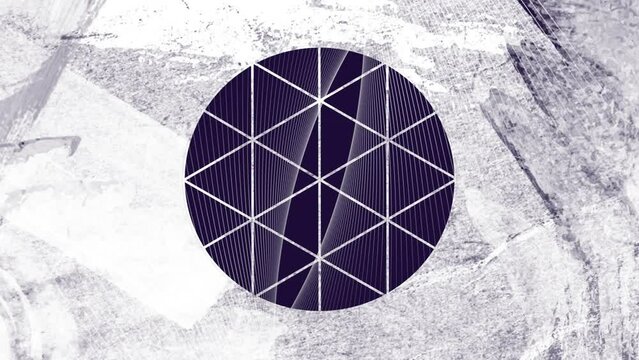Animation of parallel white lines in dark circle with geometric pattern on white and grey texture