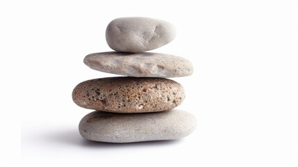An isolated stack of balanced stones on a white background, symbolizing peace and harmony.