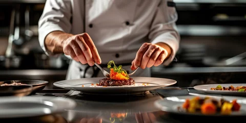 Schilderijen op glas A focused chef carefully plates a gourmet dish in a professional kitchen, exemplifying culinary art and precision. Resplendent. © Summit Art Creations